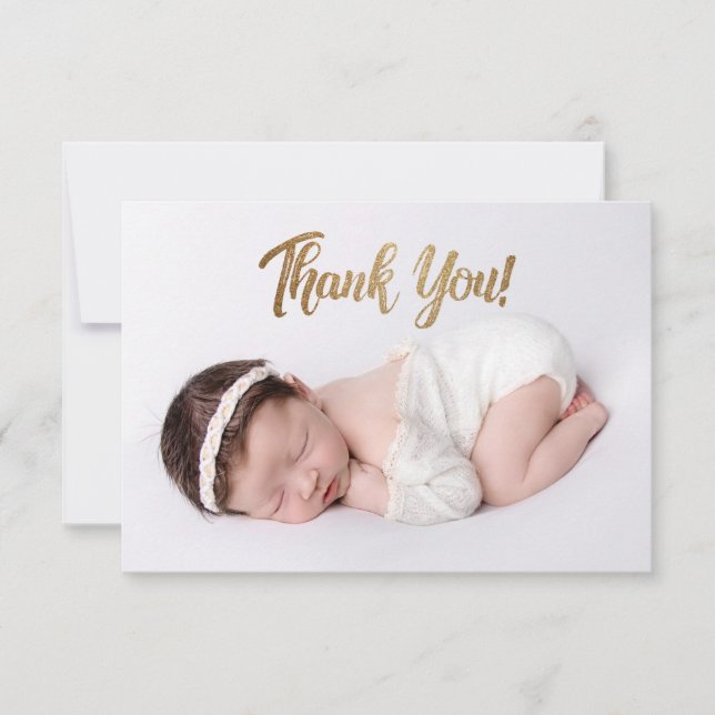 Elegantes Gold Script Custom Baby Girl Foto Dankeskarte (Vorderseite)