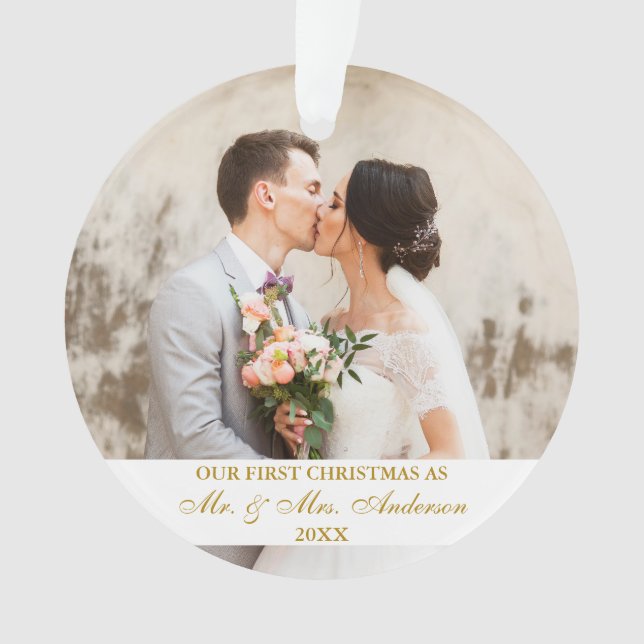 Elegantes Gold Script First Christmas 2 Foto Ornament (Vorderseite)