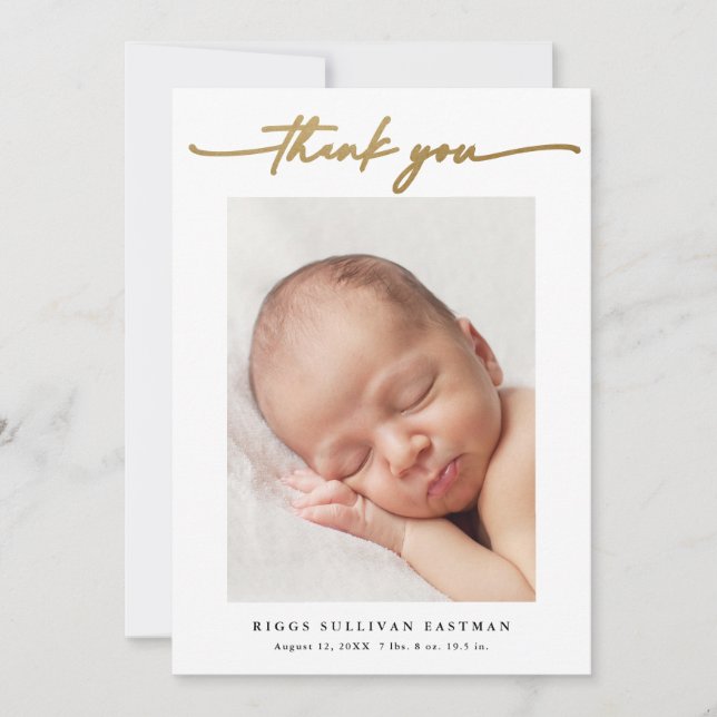 Elegantes Gold Script Foto Baby Dankeskarte (Vorderseite)