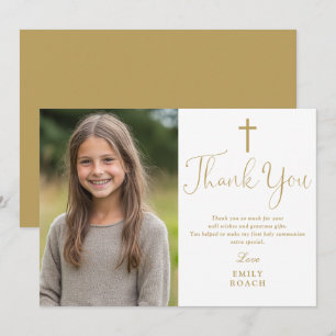 Elegantes Gold Script Foto Erste Heilige Kommune Dankeskarte