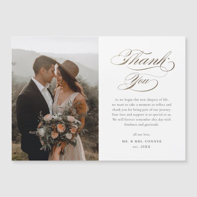 Elegantes Gold Script Foto Hochzeit Dankeschön Kar Magnetkarte (Vorderseite)