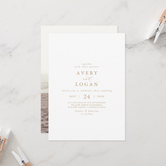 Elegantes Gold Script Foto Hochzeit Einladung (Vorderseite/Rückseite Beispiel)
