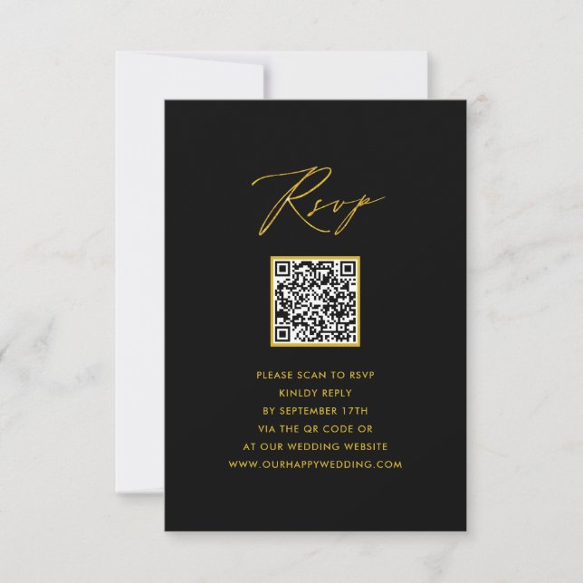 Elegantes Gold Script Modernes Black QR Wedding RS RSVP Karte (Vorderseite)