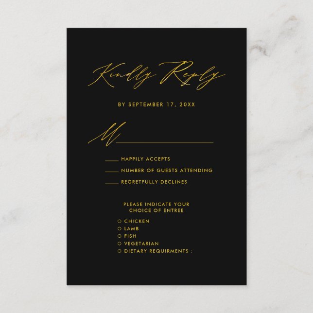 Elegantes Gold Script Modernes Black Wedding RSVP Begleitkarte (Vorderseite)