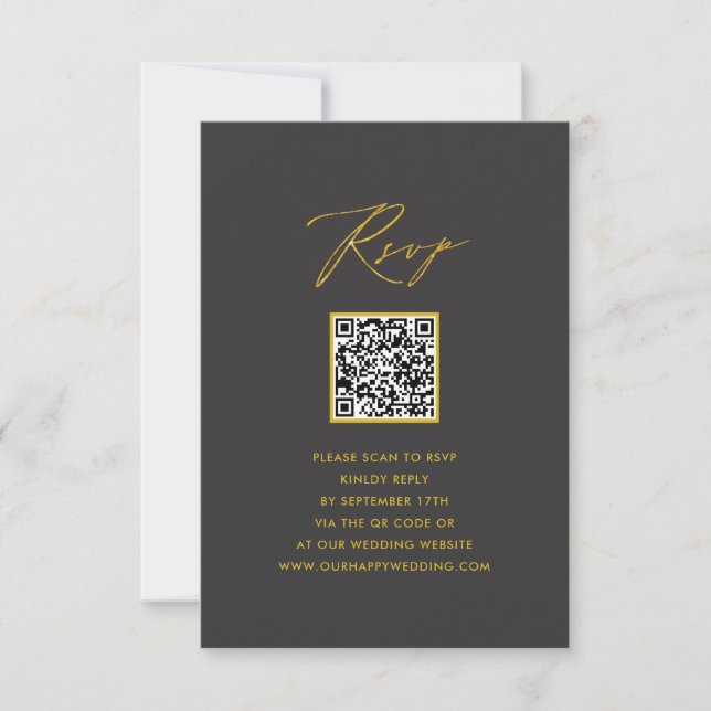 Elegantes Gold Script Modernes Gray QR Wedding RSV RSVP Karte (Vorderseite)