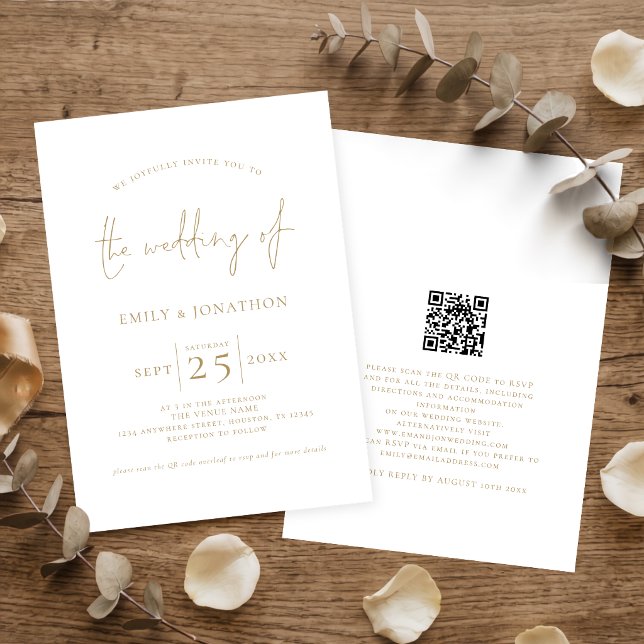Elegantes Gold Script QR Code Hochzeit Einladung (Von Creator hochgeladen)