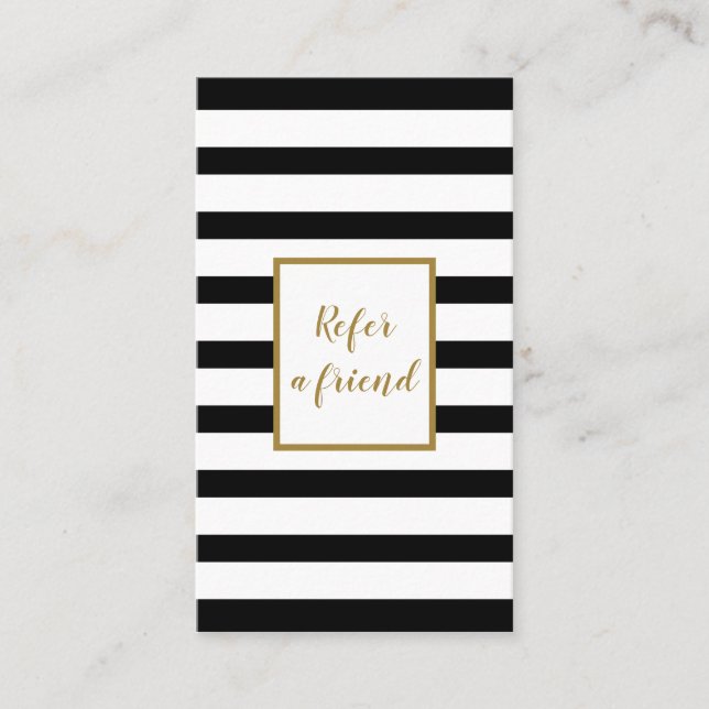Elegantes Gold Script Schwarz und Weiß gestreift Empfehlungskarte (Vorderseite)