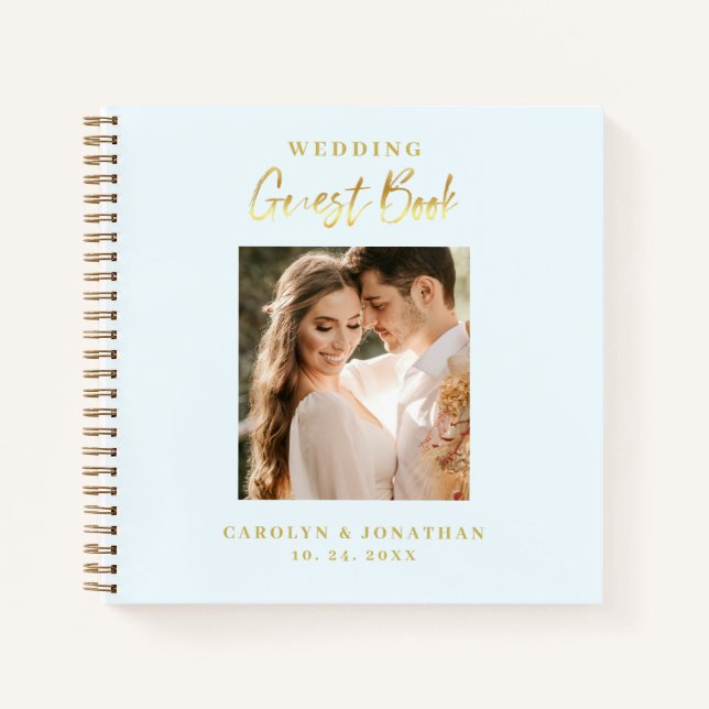 Elegantes Gold Script Sky Blue Wedding Gästebuch Notizbuch (Vorderseite)