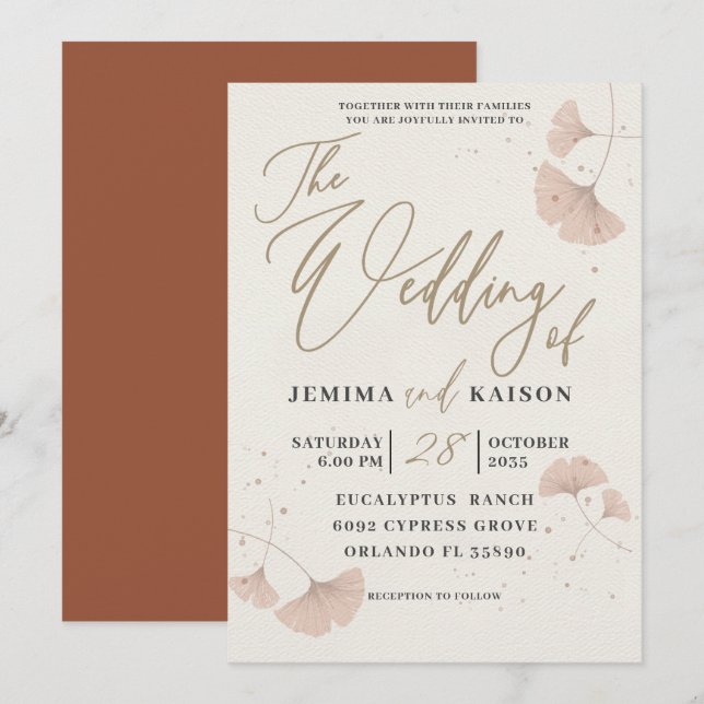 Elegantes Gold Script Terracotta Hochzeit Einladun Einladung (Vorne/Hinten)