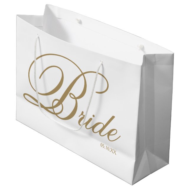 Elegantes Gold Script und White Bride Große Gesche Geschenktüte (Vorderseite Schrägansicht)