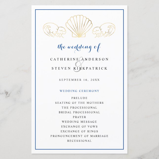 Elegantes Gold Seashell Wedding Zeremony Program (Vorderseite)