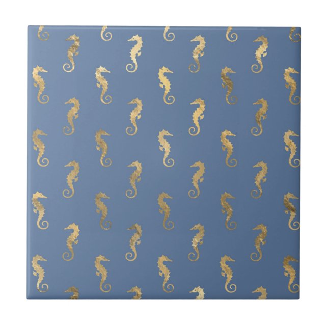 Elegantes Gold Seepferd Nahtloses Muster Navy Blau Fliese (Vorderseite)