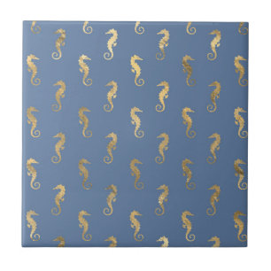 Elegantes Gold-Seepferdchen-Nahtloses Muster Navy Fliese