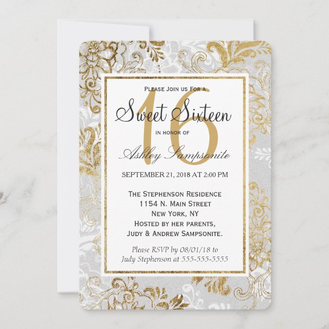 Elegantes Gold Silber und Gray Floral Sweet 16 Einladung (Vorderseite)