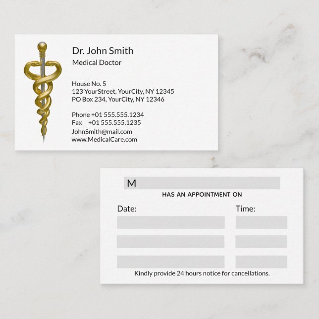 Elegantes Gold Silberner Asclepius Terminkarte (Vorne/Hinten)
