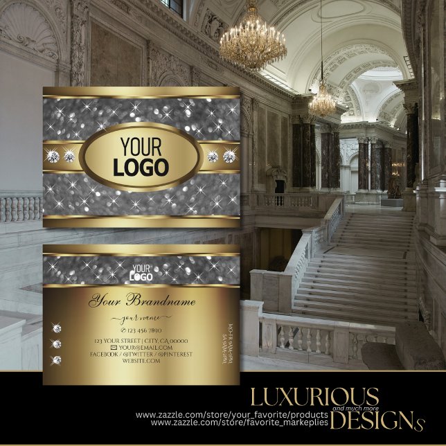 Elegantes Gold Silver Glitzer Stars Diamonds Logo Visitenkarte (Von Creator hochgeladen)