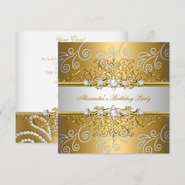 Elegantes Gold Silver Lace Diamond Overlay Party Einladung (Vorne/Hinten)