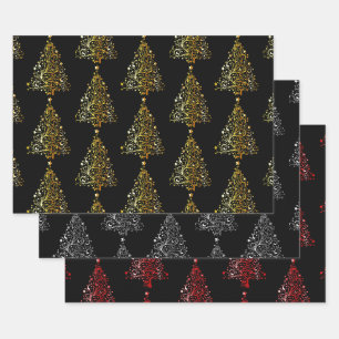 Elegantes Gold Silver & Red Christmas Tree Motif Geschenkpapier Set