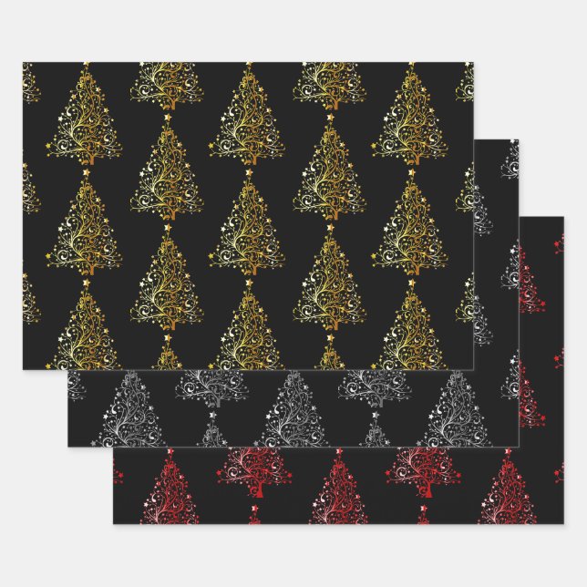 Elegantes Gold Silver & Red Christmas Tree Motif Geschenkpapier Set (Set)