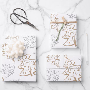 Elegantes Gold Silver Tree Weihnachtswrapping Pape Geschenkpapier Set