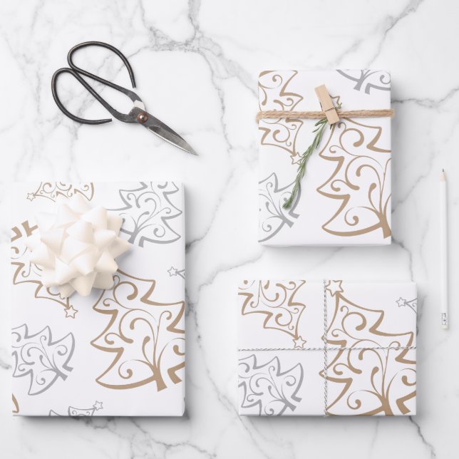 Elegantes Gold Silver Tree Weihnachtswrapping Pape Geschenkpapier Set (Vorderseite)