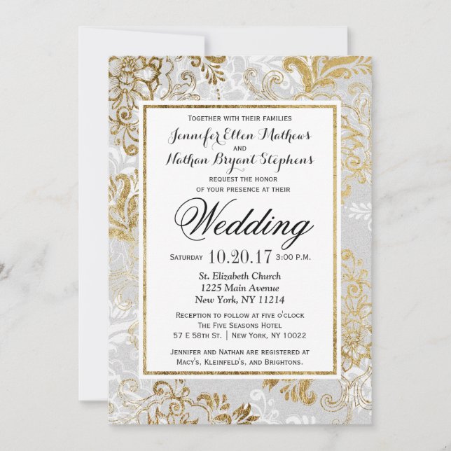 Elegantes Gold Silver und Graublume Hochzeit Einla Einladung (Vorderseite)
