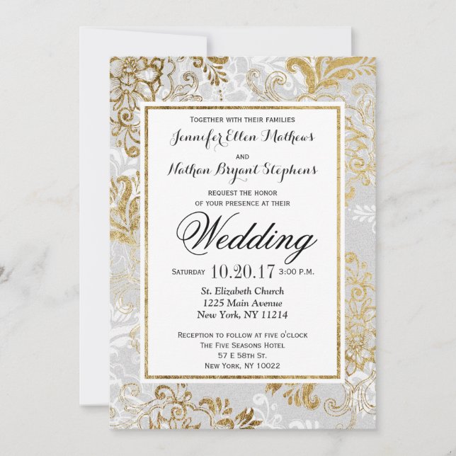 Elegantes Gold Silver und Gray Floral Wedding Einl Einladung (Vorderseite)