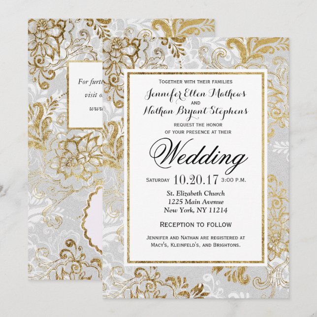 Elegantes Gold Silver und Gray Floral Wedding Einladung (Vorne/Hinten)