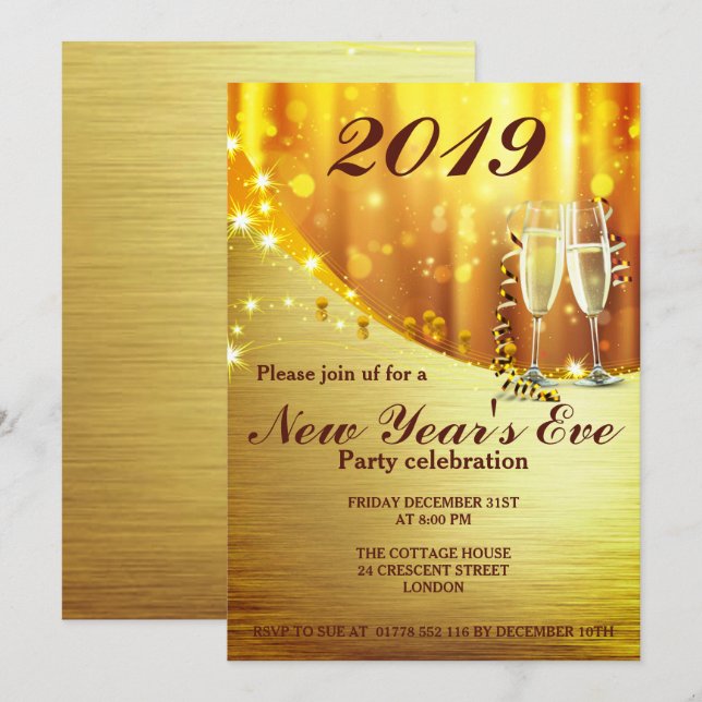 Elegantes Gold Silvester Party Einladung (Vorne/Hinten)