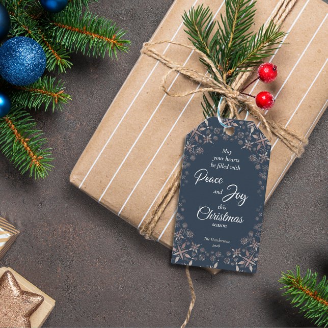 Elegantes Gold Snowflakes Peace Joy Blue Geschenkanhänger (Von Creator hochgeladen)