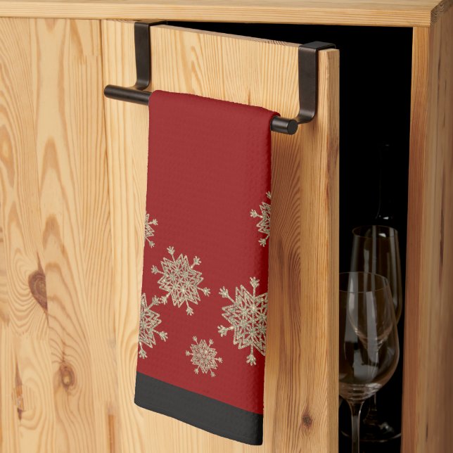 Elegantes Gold Snowflakes Rot & Schwarz Weihnachte Geschirrtuch (Drittel gefaltet)