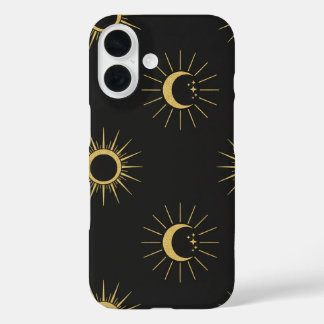 Elegantes Gold-Sonne- und Mondmuster Schwarzes iPh iPhone 16 Hülle