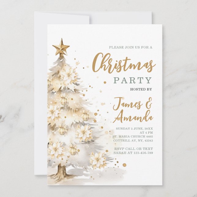 Elegantes Gold Star White Christmas Tree Party Einladung (Vorderseite)