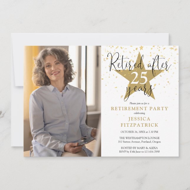 Elegantes Gold Stars Foto Retirement Party Einladung (Vorderseite)