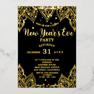 Elegantes Gold Stars Schwarzes Silvester Party Folieneinladung
