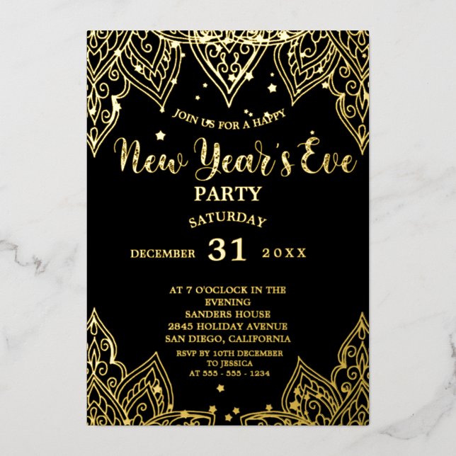 Elegantes Gold Stars Schwarzes Silvester Party Folieneinladung (Vorderseite)