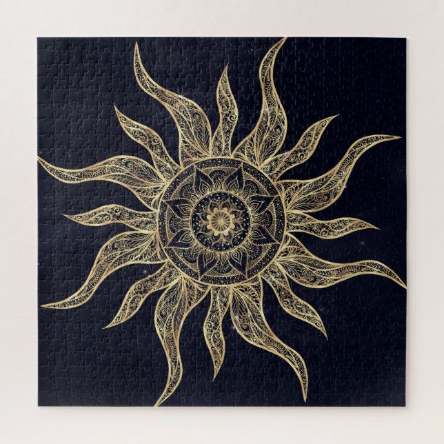Elegantes Gold Sun Mandala Blauer Nebel Design (Vertikal)