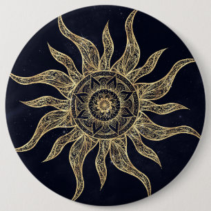 Elegantes Gold Sun Mandala Blauer Nebel Design Button