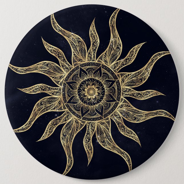 Elegantes Gold Sun Mandala Blauer Nebel Design Button (Vorderseite)