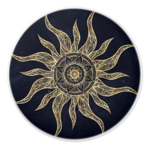 Elegantes Gold Sun Mandala Blauer Nebel Design Keramikknauf