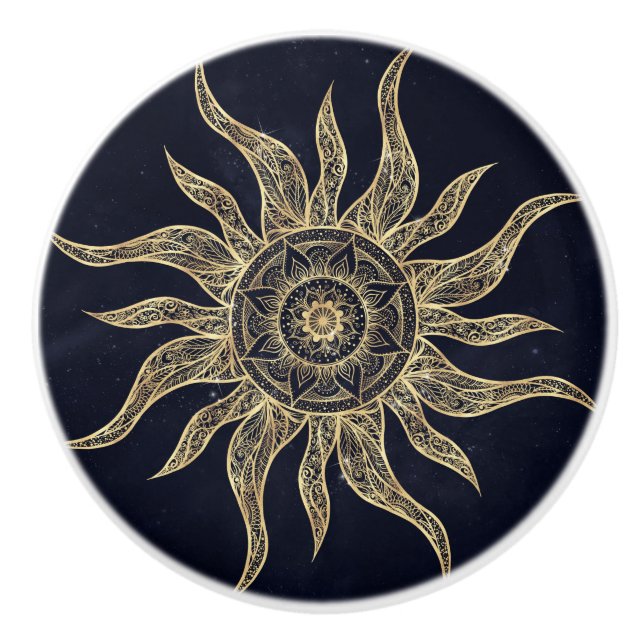 Elegantes Gold Sun Mandala Blauer Nebel Design Keramikknauf (Vorderseite)