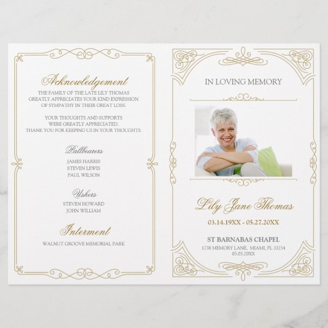 Elegantes Gold Swirl Beerdigung Programm | Farbe b Flyer (Vorne)
