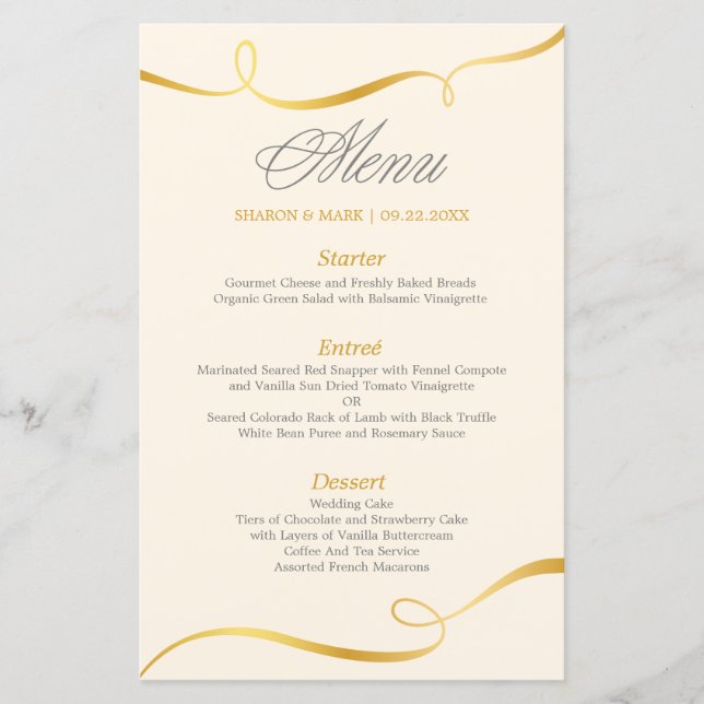 Elegantes Gold Swirl Dinner Menü | Editierbare Far (Vorderseite)