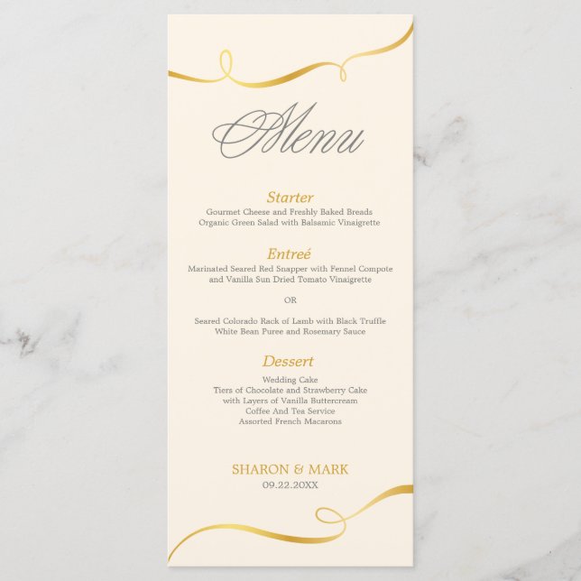 Elegantes Gold Swirl Dinner Menü | Editierbare Far Menükarte (Vorderseite)