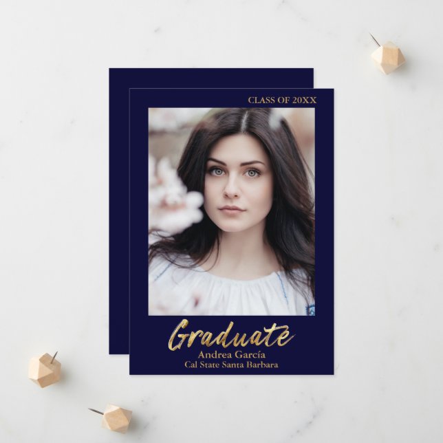 Elegantes Gold Text Dark Blue Graduate Foto Ankündigung (Vorderseite/Rückseite Beispiel)