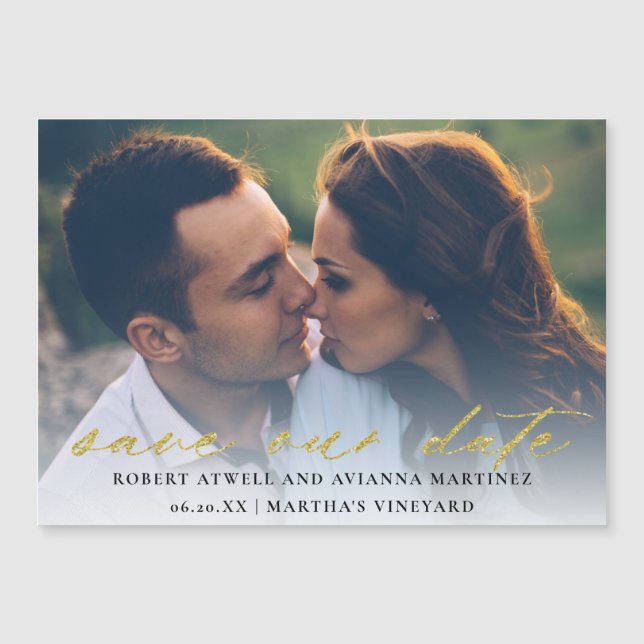 Elegantes Gold Text Foto Hochzeit speichern das Da Magneteinladung (Vorderseite)