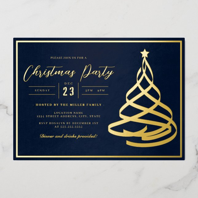 Elegantes Gold Tree Weihnachts-Party Folieneinladung (Vorderseite)