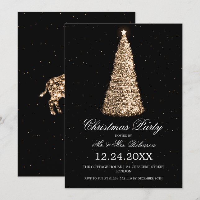 Elegantes Gold Tree Weihnachts-Party mit Büffel Einladung (Vorne/Hinten)