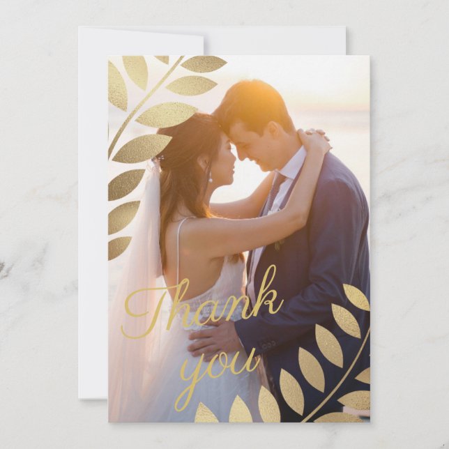 Elegantes Gold Tropical Blätter Foto Hochzeit Dankeskarte (Vorderseite)