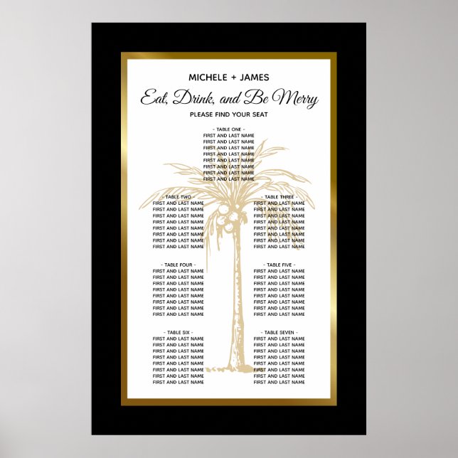 Elegantes Gold Tropical Palm Wedding Chart Poster (Vorne)